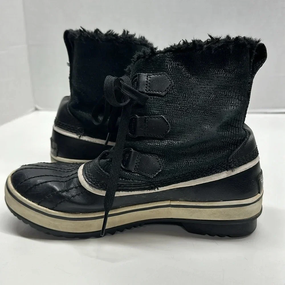 Sorel Tivoli Boots Snow Winter Leather Faux Fur Waterproof Black Womens Size 6